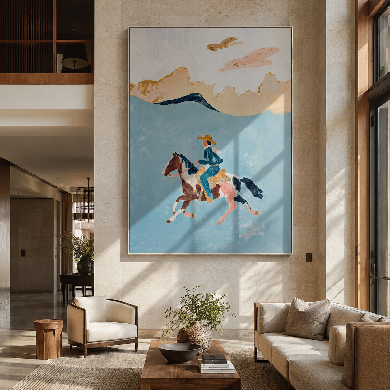 Three Horses Chase Wind - three horse rider painting by Ethan Mercer, contemporary Western vertical wall art – styled room scene view 3