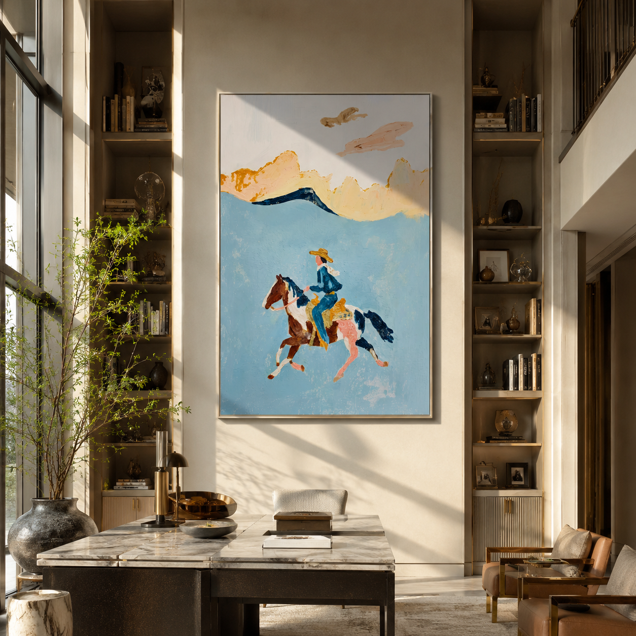 Three Horses Chase Wind - three horse rider painting by Ethan Mercer, contemporary Western vertical wall art – styled room scene view 4