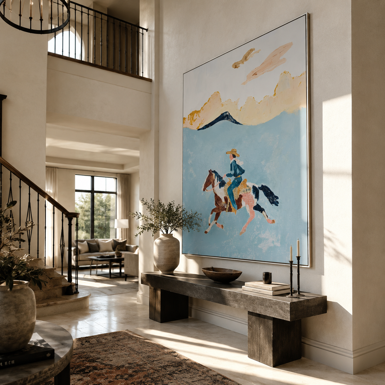 Three Horses Chase Wind - three horse rider painting by Ethan Mercer, contemporary Western vertical wall art – styled room scene view 5