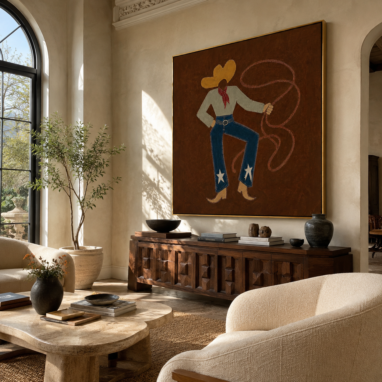 Red Scarf Loops Evening - western lasso figure painting by Ethan Mercer, contemporary Western square wall art – styled room scene view 1