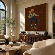 Red Scarf Loops Evening - western lasso figure painting by Ethan Mercer, contemporary Western square wall art – styled room scene view 1