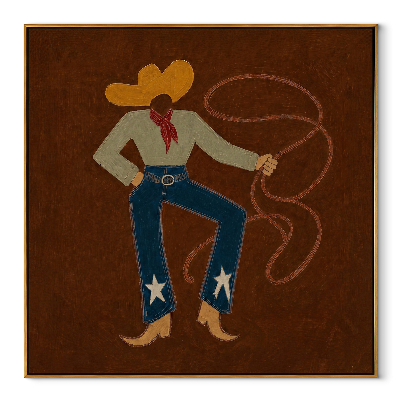 Red Scarf Loops Evening - western lasso figure painting by Ethan Mercer, contemporary Western square wall art – wood frame on white background