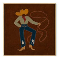 Red Scarf Loops Evening - western lasso figure painting by Ethan Mercer, contemporary Western square wall art – wood frame on white background