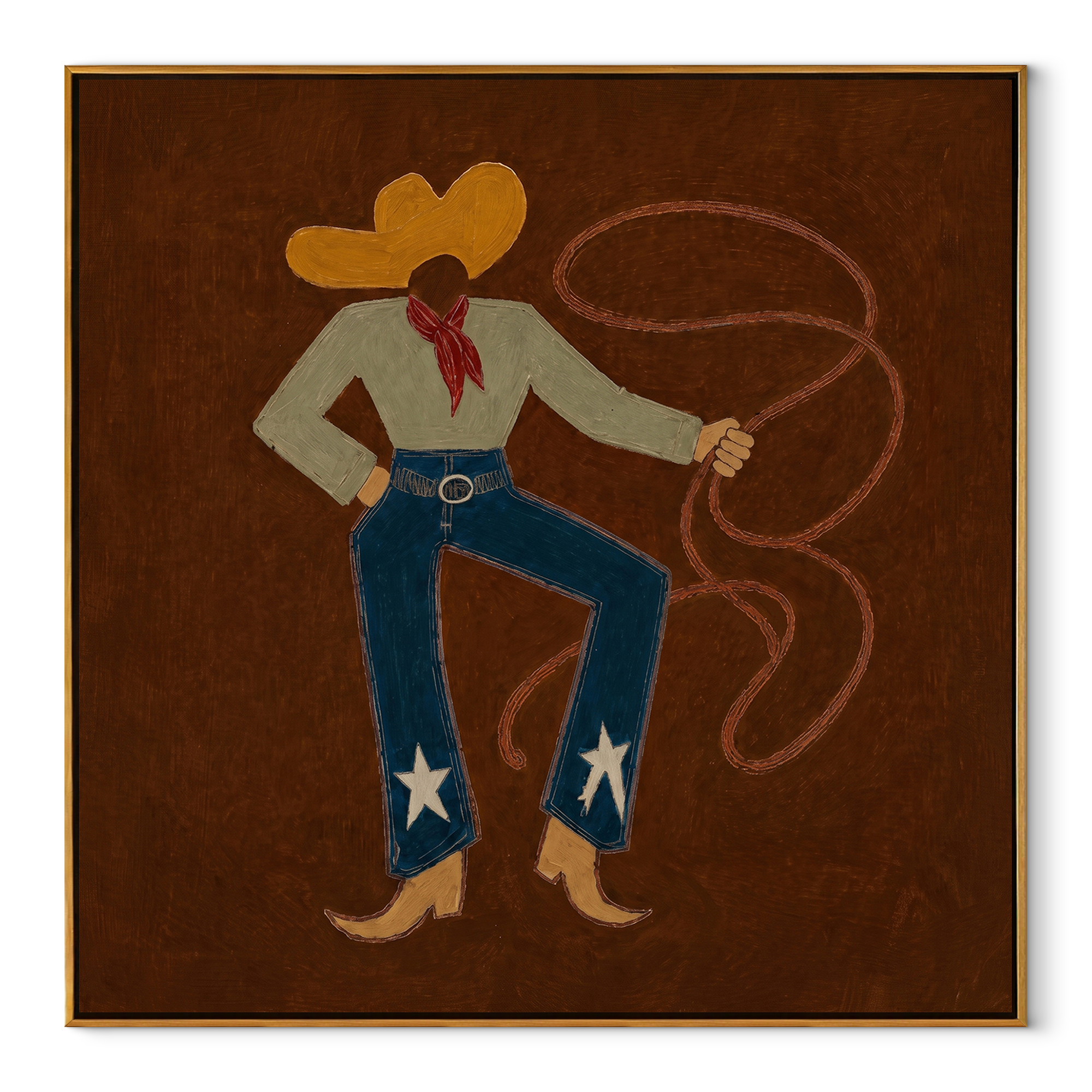 Red Scarf Loops Evening - western lasso figure painting by Ethan Mercer, contemporary Western square wall art – wood frame on white background