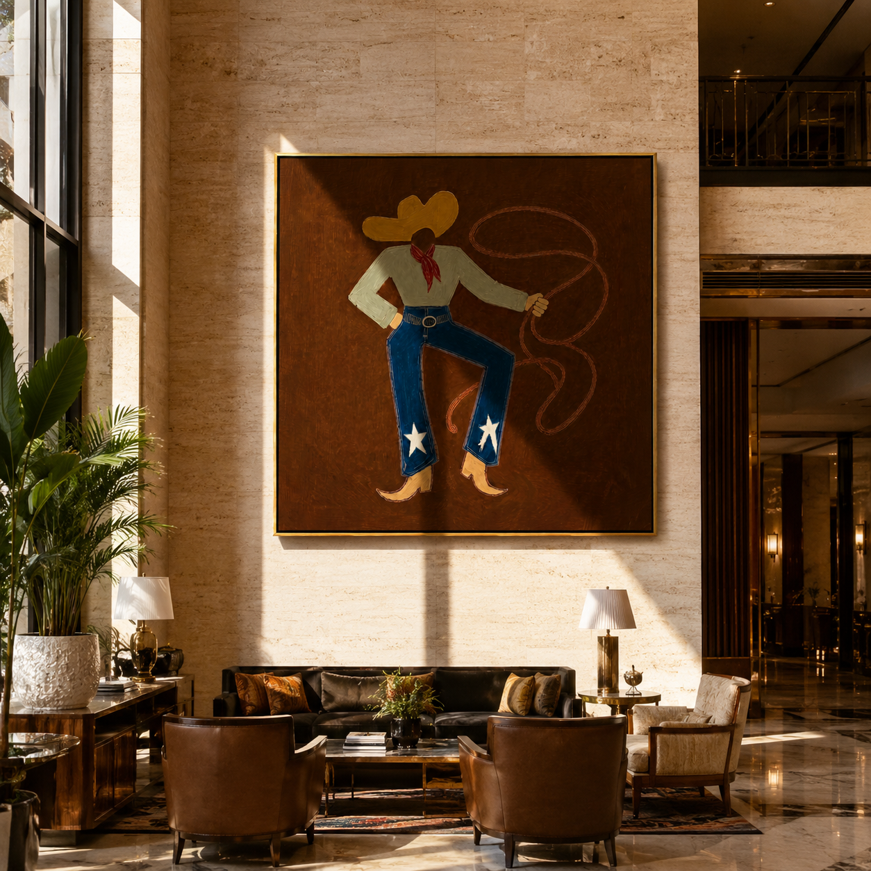 Red Scarf Loops Evening - western lasso figure painting by Ethan Mercer, contemporary Western square wall art – styled room scene view 2