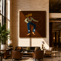 Red Scarf Loops Evening - western lasso figure painting by Ethan Mercer, contemporary Western square wall art – styled room scene view 2