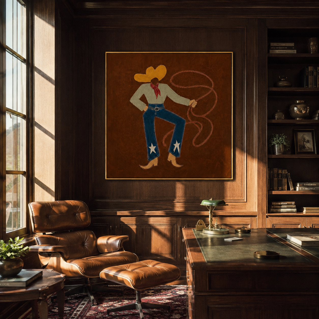Red Scarf Loops Evening - western lasso figure painting by Ethan Mercer, contemporary Western square wall art – styled room scene view 3