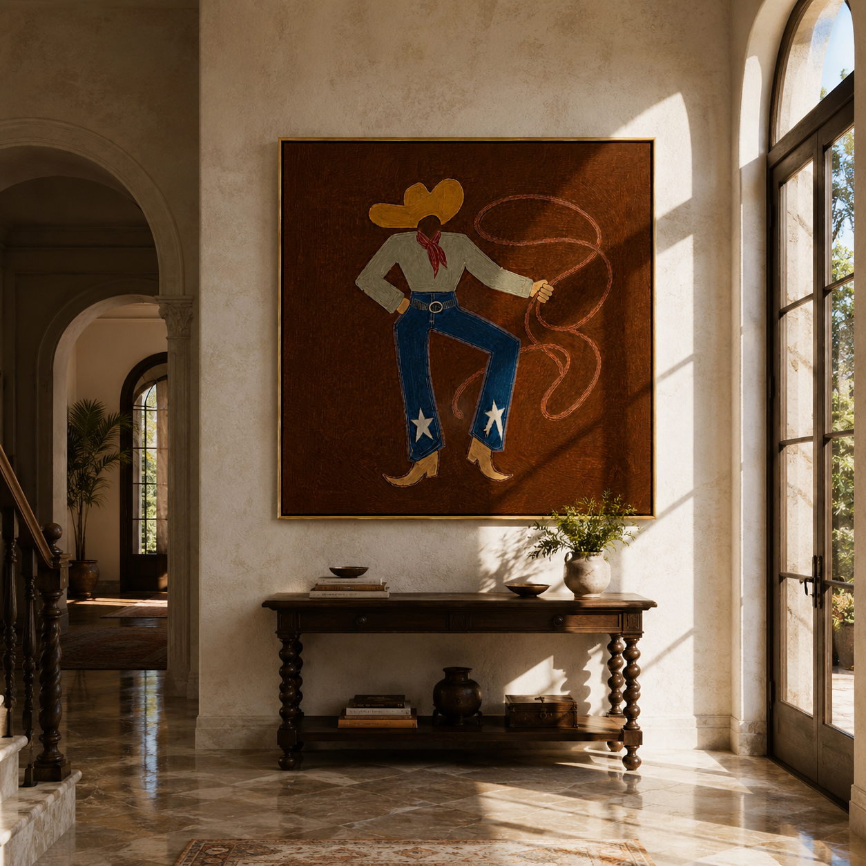 Red Scarf Loops Evening - western lasso figure painting by Ethan Mercer, contemporary Western square wall art – styled room scene view 4