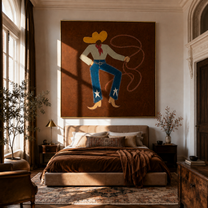 Red Scarf Loops Evening - western lasso figure painting by Ethan Mercer, contemporary Western square wall art – styled room scene view 5