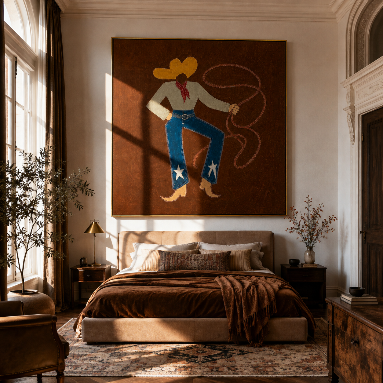 Red Scarf Loops Evening - western lasso figure painting by Ethan Mercer, contemporary Western square wall art – styled room scene view 5