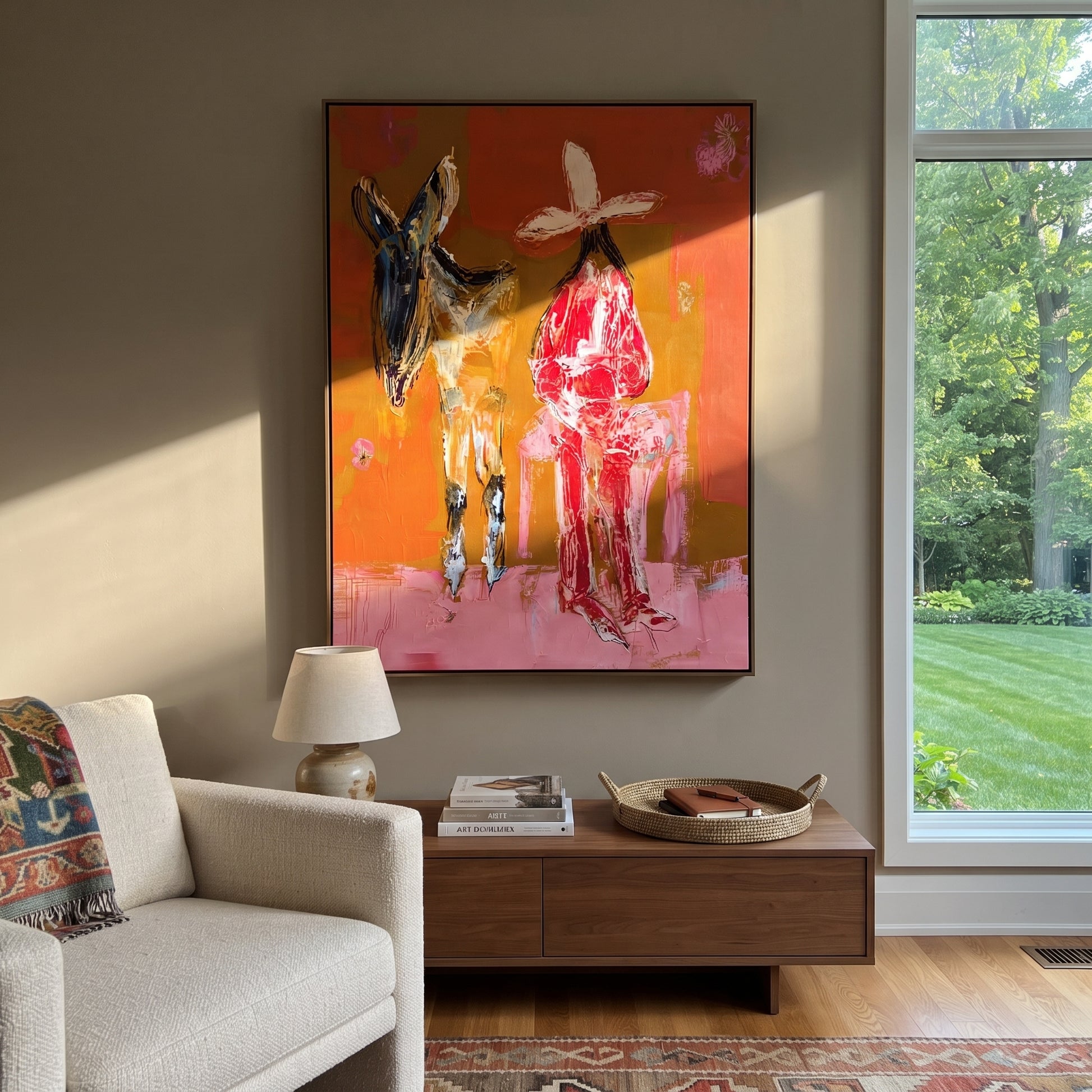 Donkey Keeps Her Company - cowgirl donkey painting by Ethan Mercer, contemporary Western vertical wall art – styled room scene view 1