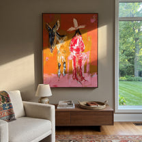 Donkey Keeps Her Company - cowgirl donkey painting by Ethan Mercer, contemporary Western vertical wall art – styled room scene view 1