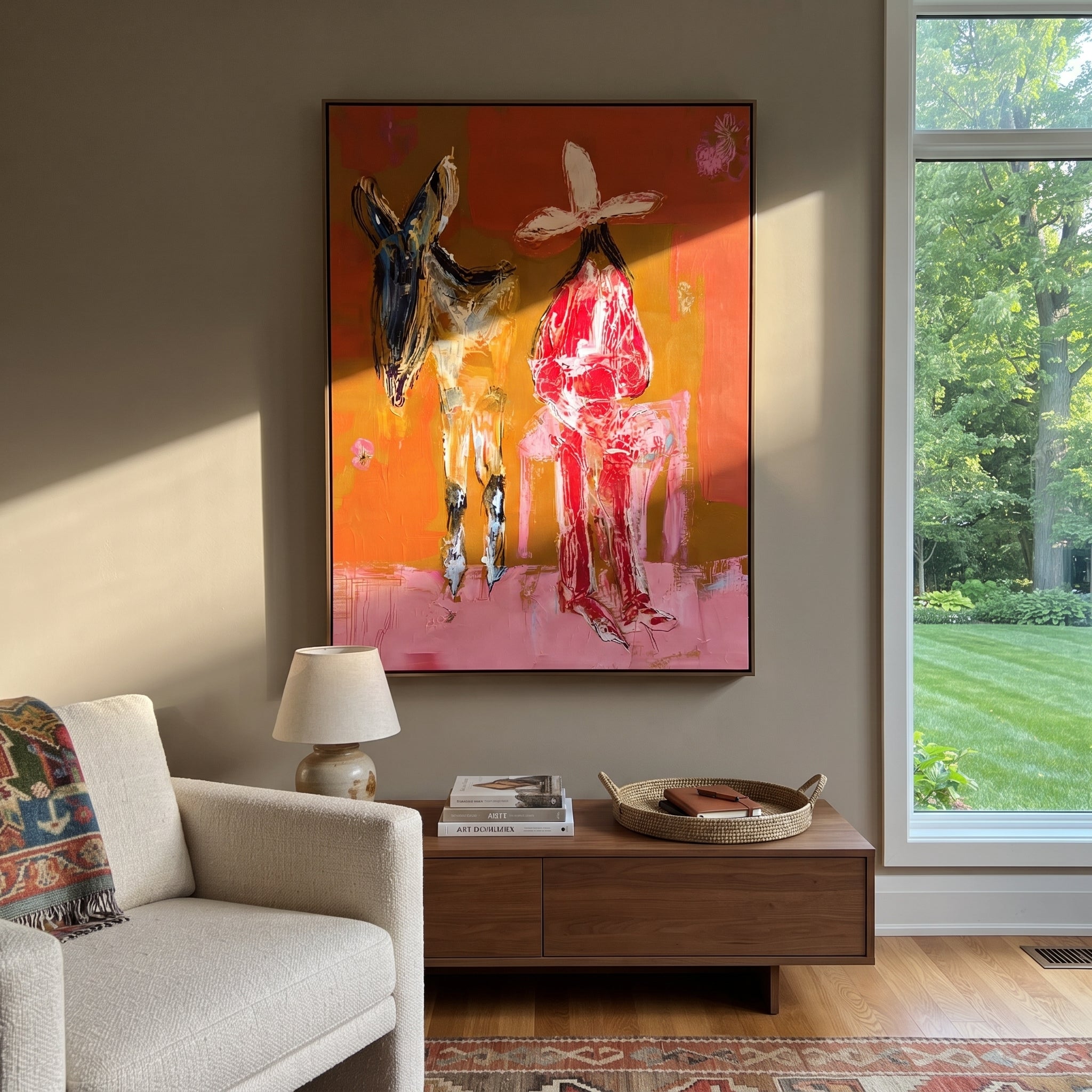 Donkey Keeps Her Company - cowgirl donkey painting by Ethan Mercer, contemporary Western vertical wall art – styled room scene view 1