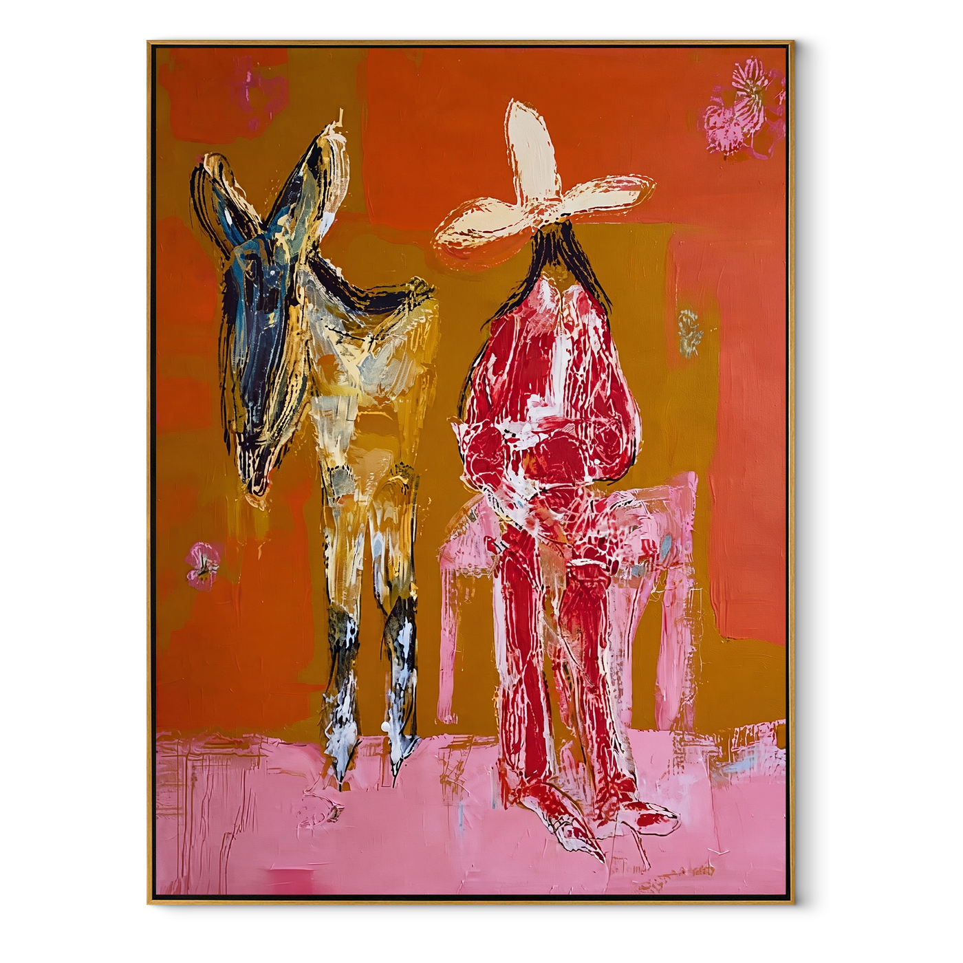 Donkey Keeps Her Company - cowgirl donkey painting by Ethan Mercer, contemporary Western vertical wall art – wood frame on white background