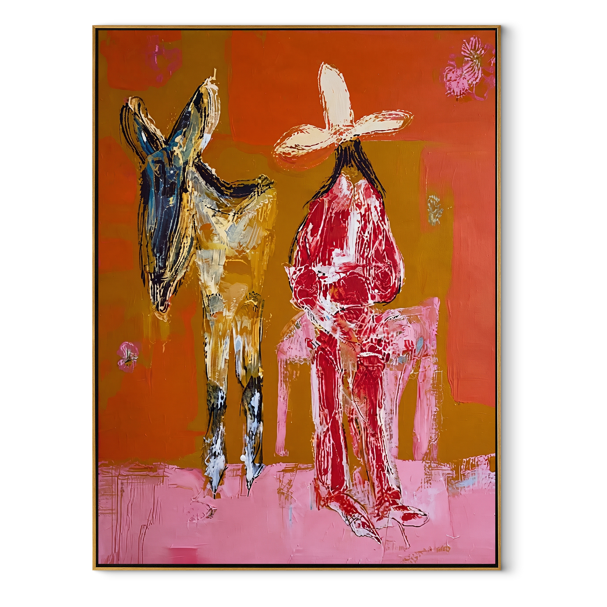 Donkey Keeps Her Company - cowgirl donkey painting by Ethan Mercer, contemporary Western vertical wall art – wood frame on white background