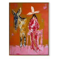 Donkey Keeps Her Company - cowgirl donkey painting by Ethan Mercer, contemporary Western vertical wall art – wood frame on white background