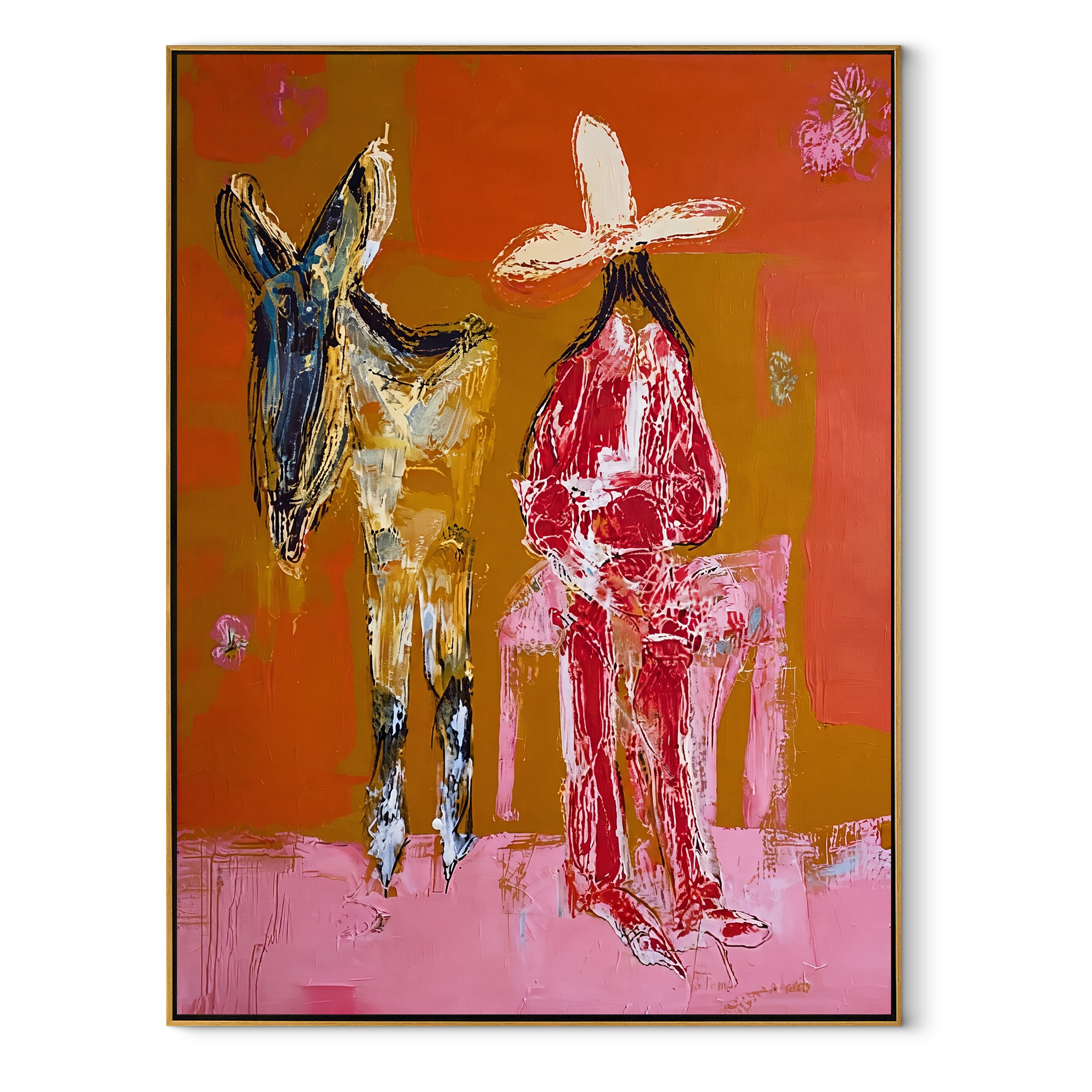 Donkey Keeps Her Company - cowgirl donkey painting by Ethan Mercer, contemporary Western vertical wall art – wood frame on white background
