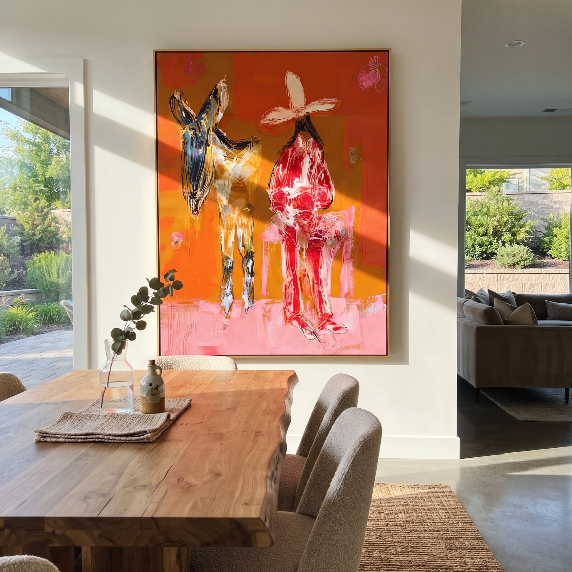 Donkey Keeps Her Company - cowgirl donkey painting by Ethan Mercer, contemporary Western vertical wall art – styled room scene view 2