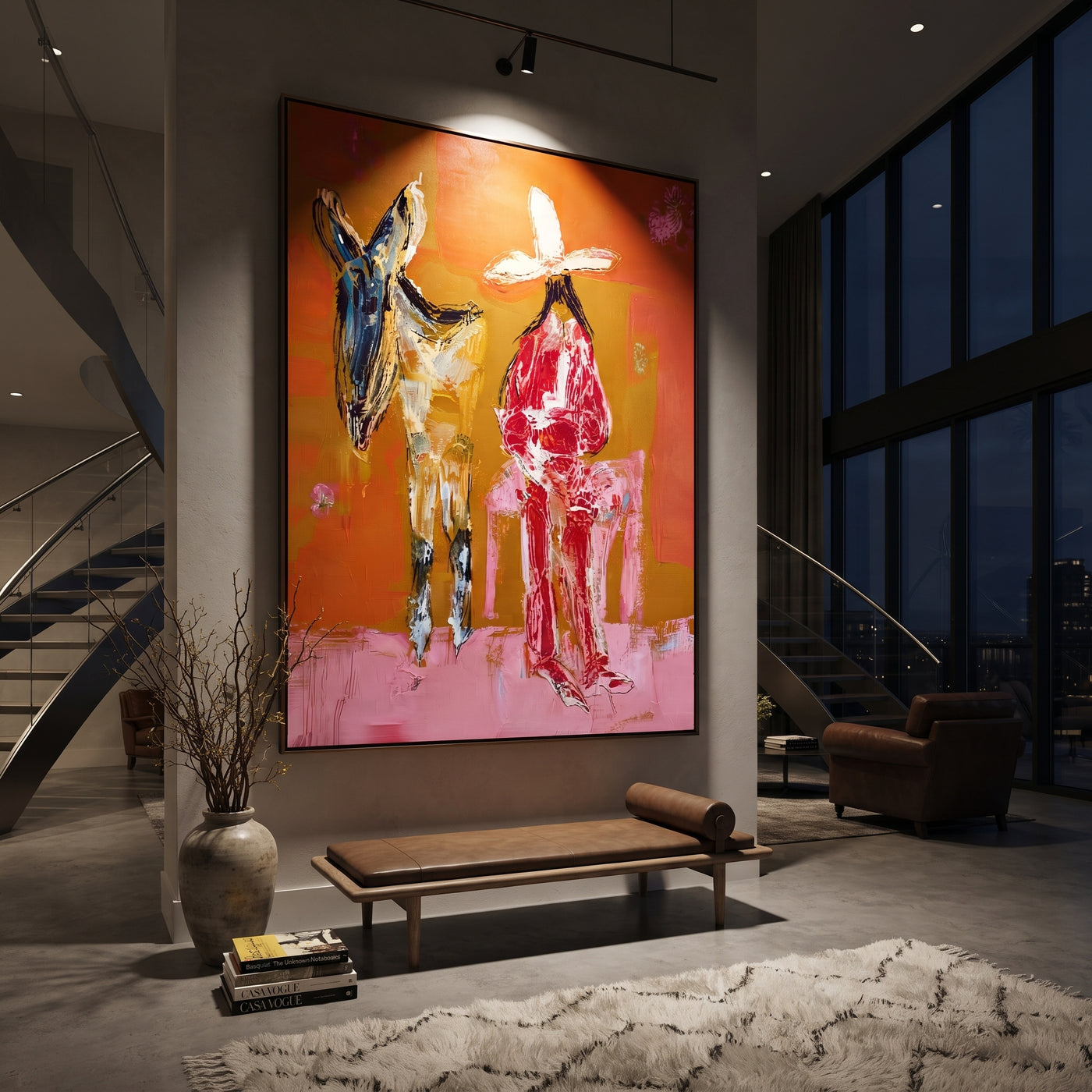 Donkey Keeps Her Company - cowgirl donkey painting by Ethan Mercer, contemporary Western vertical wall art – styled room scene view 3