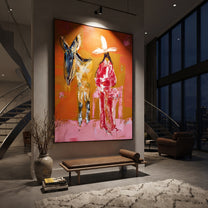 Donkey Keeps Her Company - cowgirl donkey painting by Ethan Mercer, contemporary Western vertical wall art – styled room scene view 3