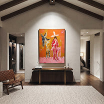 Donkey Keeps Her Company - cowgirl donkey painting by Ethan Mercer, contemporary Western vertical wall art – styled room scene view 4