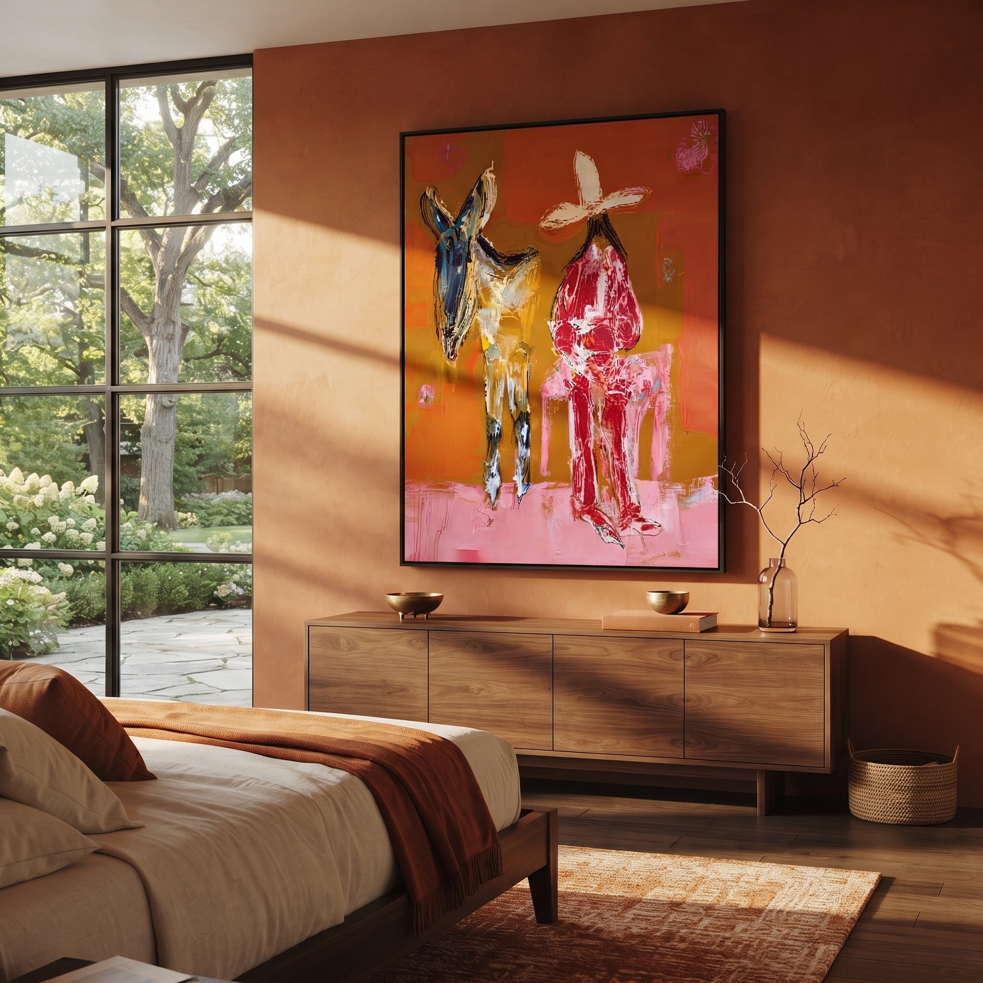 Donkey Keeps Her Company - cowgirl donkey painting by Ethan Mercer, contemporary Western vertical wall art – styled room scene view 5