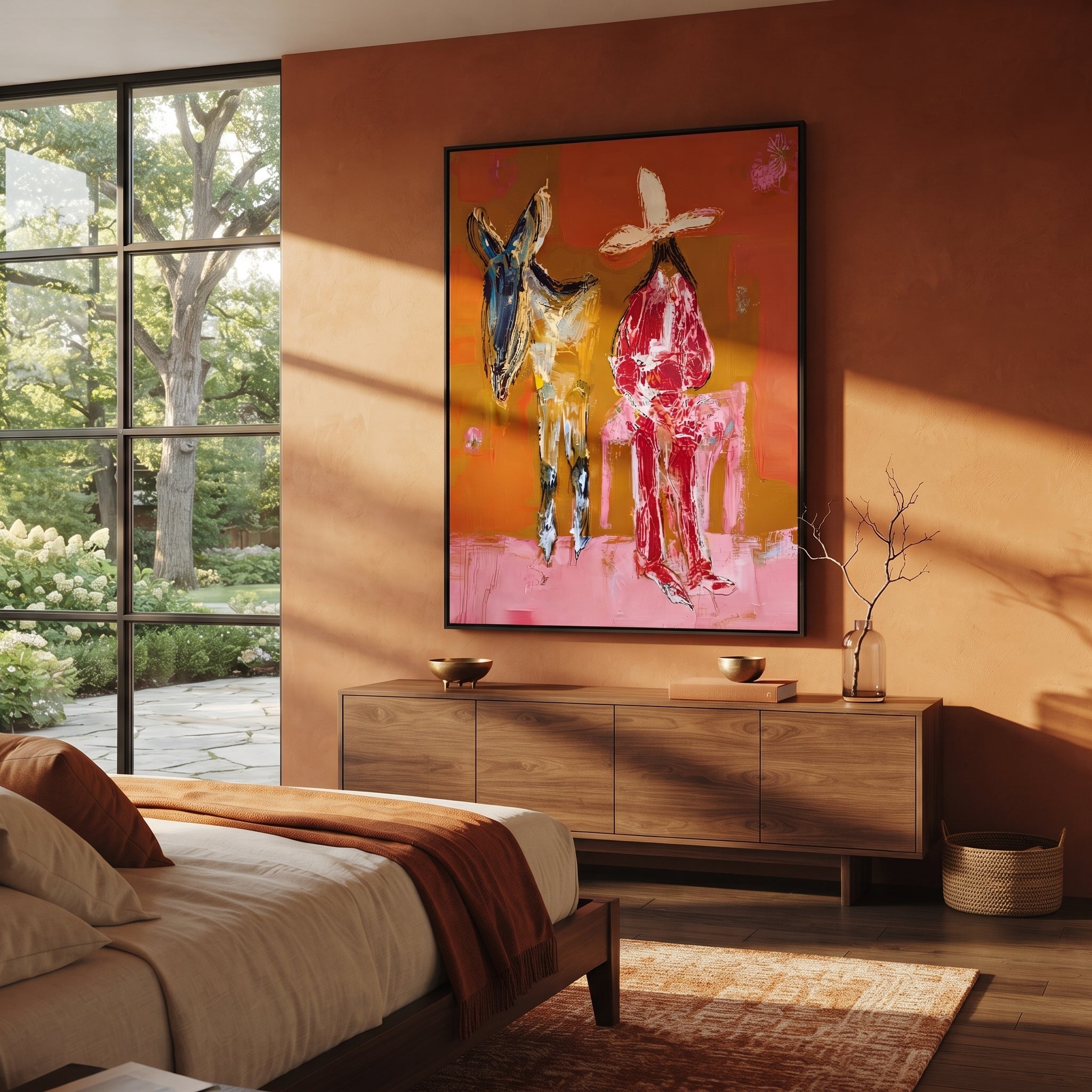 Donkey Keeps Her Company - cowgirl donkey painting by Ethan Mercer, contemporary Western vertical wall art – styled room scene view 5