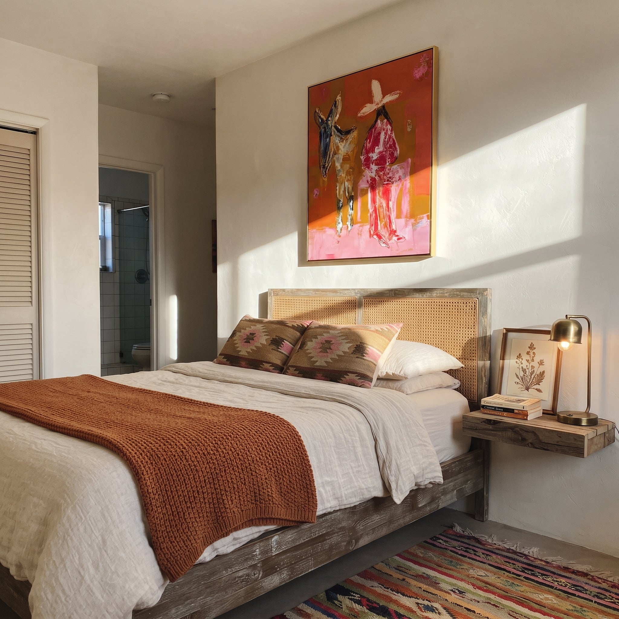 Donkey Keeps Her Company - cowgirl donkey painting by Ethan Mercer, contemporary Western vertical wall art – styled room scene view 6