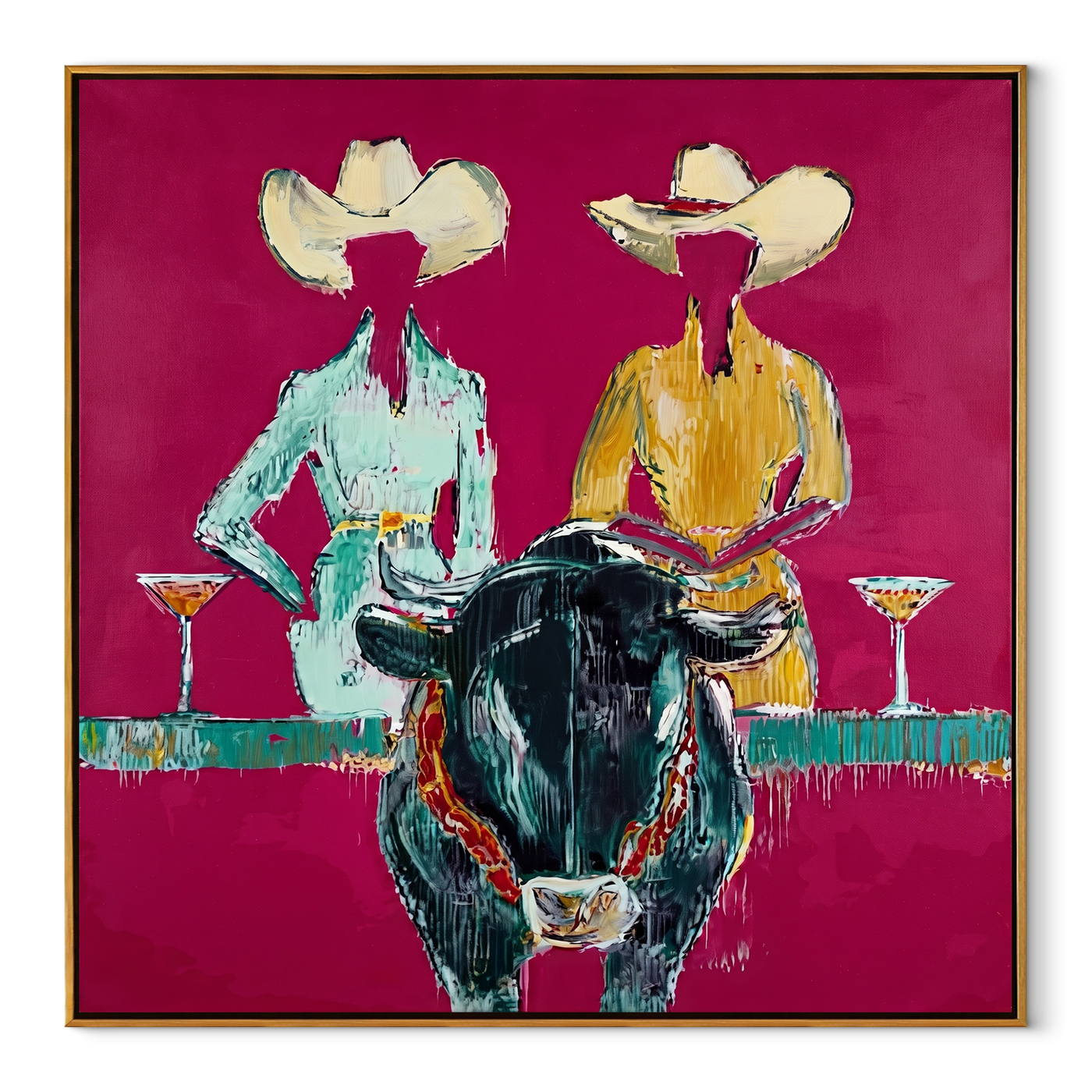 Two Hats Toast Midnight - cowgirl bull cocktail painting by Ethan Mercer, contemporary Western square wall art – wood frame on white background