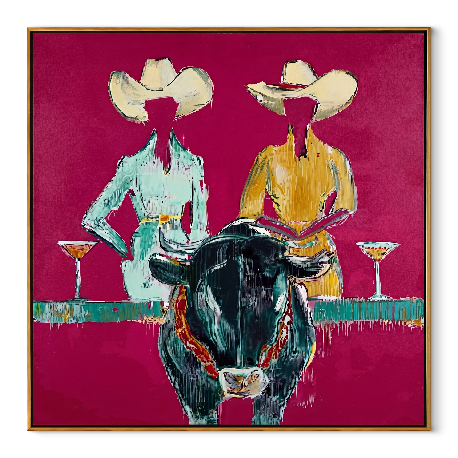 Two Hats Toast Midnight - cowgirl bull cocktail painting by Ethan Mercer, contemporary Western square wall art – wood frame on white background