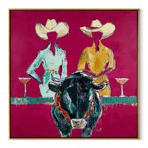 Two Hats Toast Midnight - cowgirl bull cocktail painting by Ethan Mercer, contemporary Western square wall art – wood frame on white background