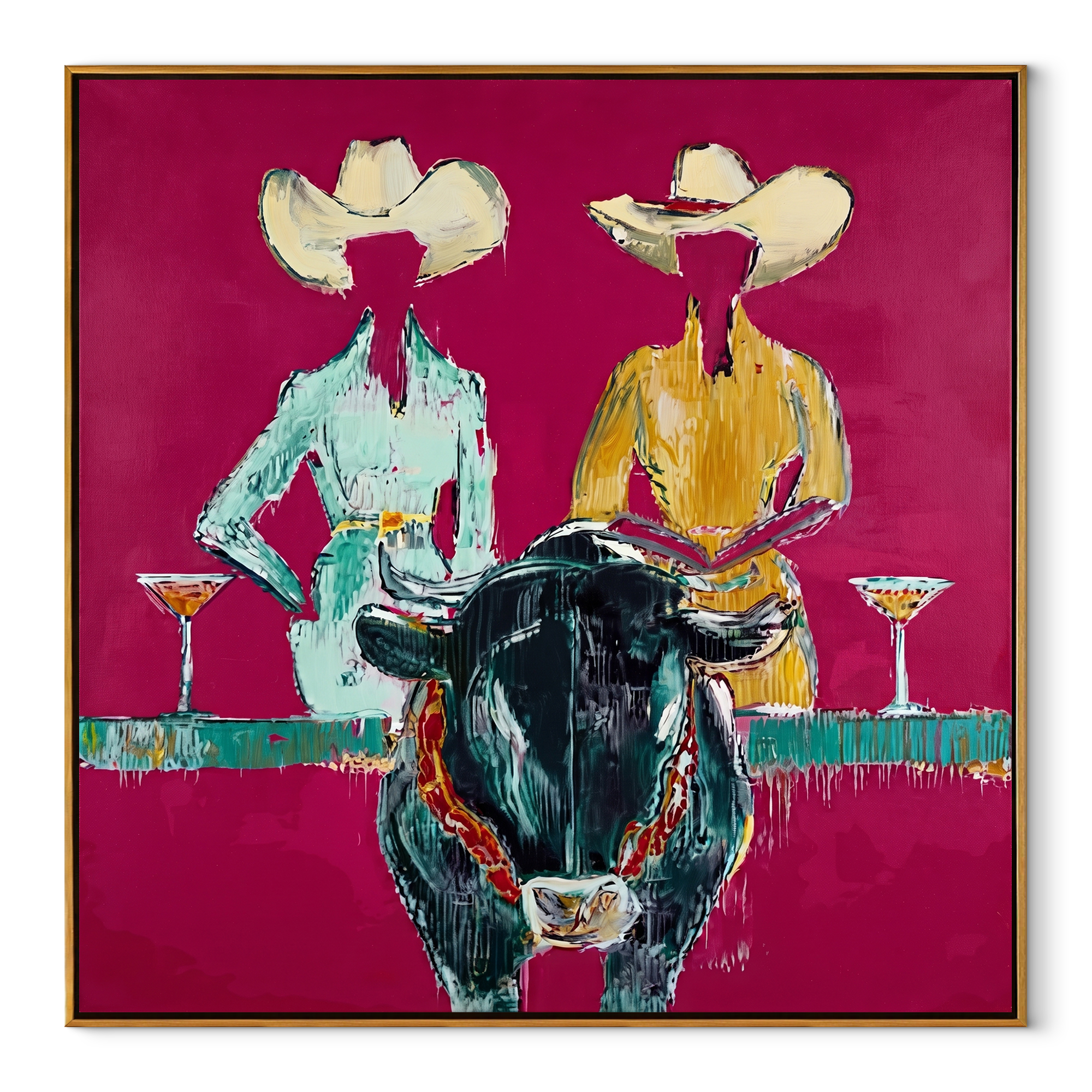 Two Hats Toast Midnight - cowgirl bull cocktail painting by Ethan Mercer, contemporary Western square wall art – wood frame on white background