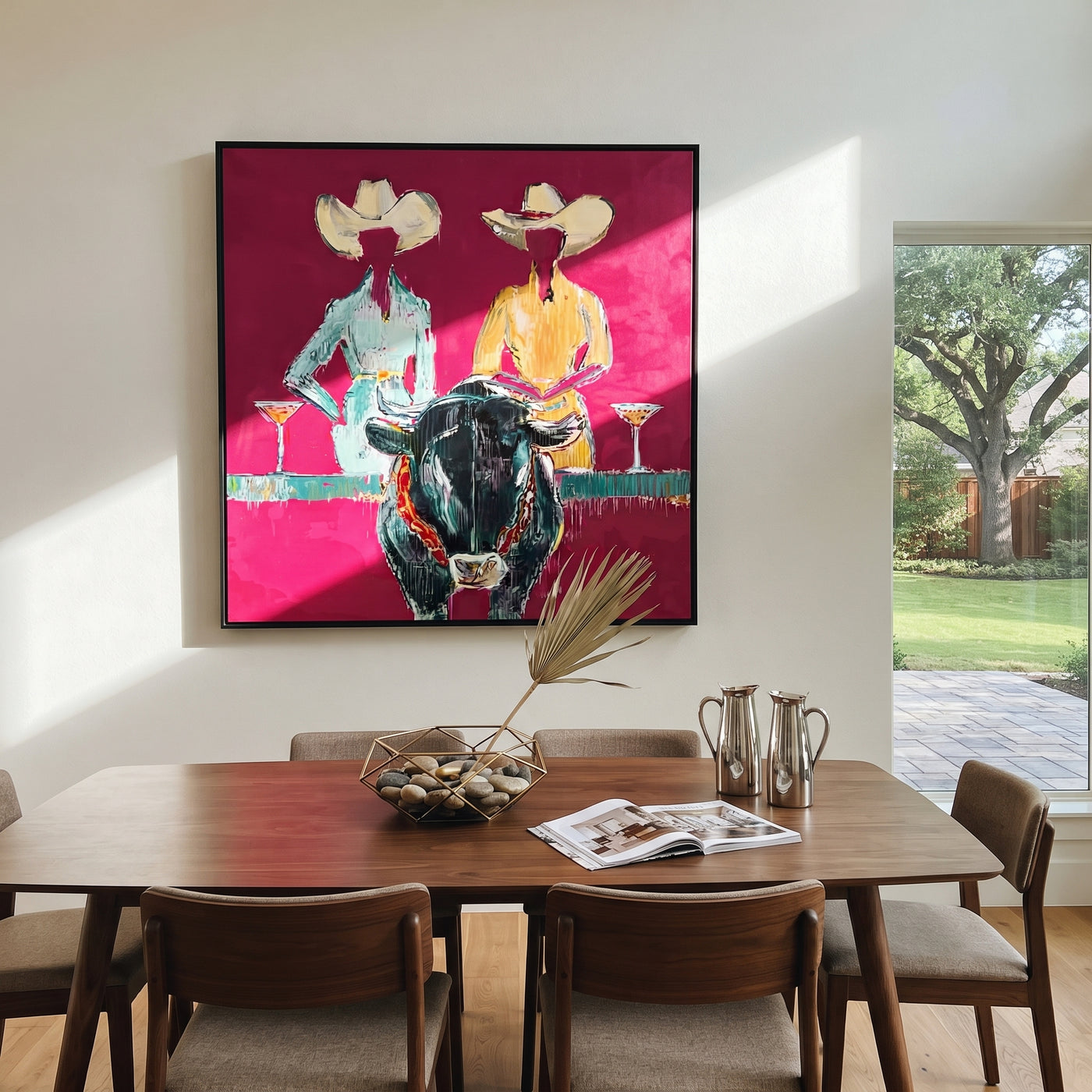 Two Hats Toast Midnight - cowgirl bull cocktail painting by Ethan Mercer, contemporary Western square wall art – styled room scene view 3