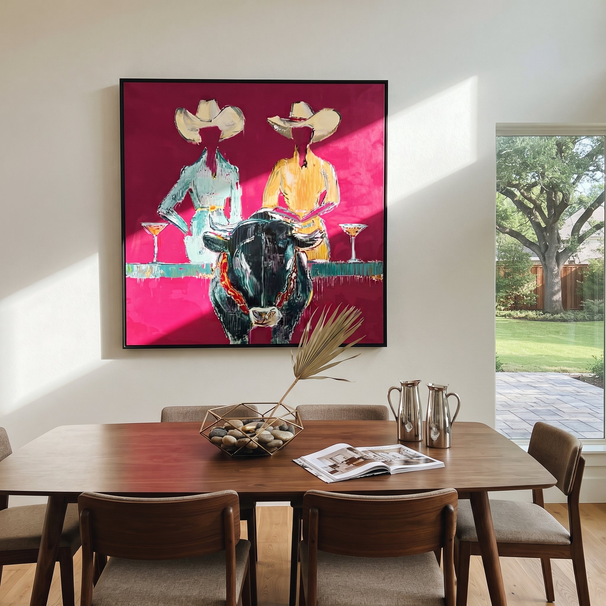 Two Hats Toast Midnight - cowgirl bull cocktail painting by Ethan Mercer, contemporary Western square wall art – styled room scene view 3