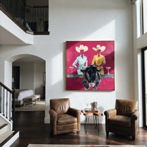 Two Hats Toast Midnight - cowgirl bull cocktail painting by Ethan Mercer, contemporary Western square wall art – styled room scene view 4