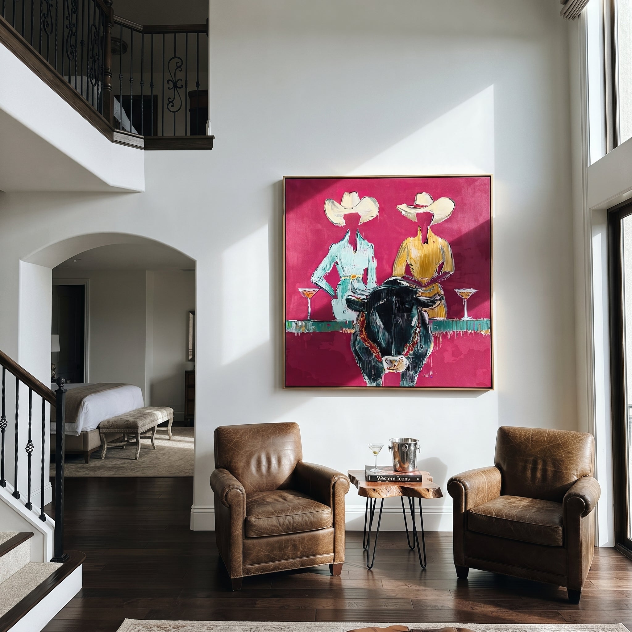 Two Hats Toast Midnight - cowgirl bull cocktail painting by Ethan Mercer, contemporary Western square wall art – styled room scene view 4