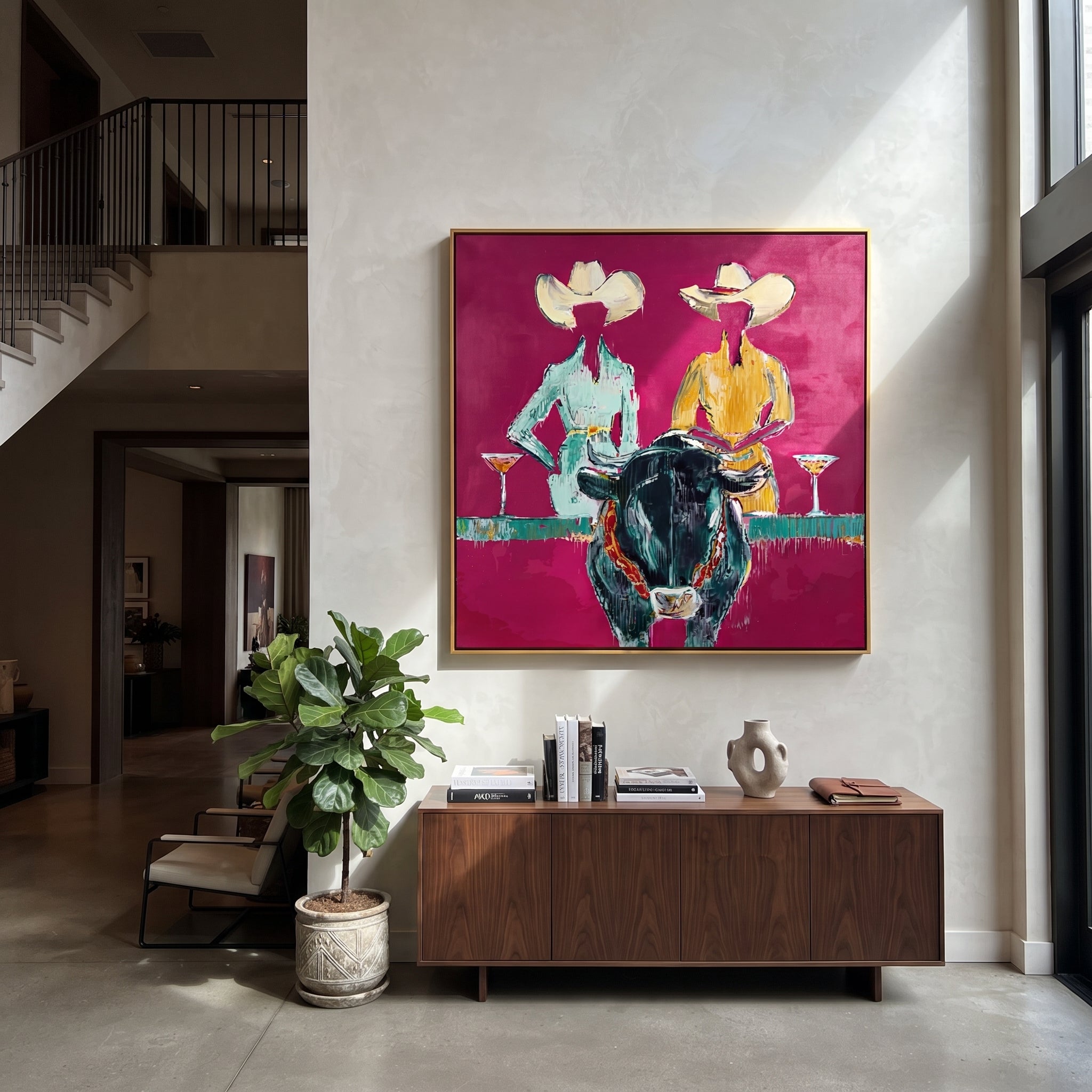 Two Hats Toast Midnight - cowgirl bull cocktail painting by Ethan Mercer, contemporary Western square wall art – styled room scene view 5