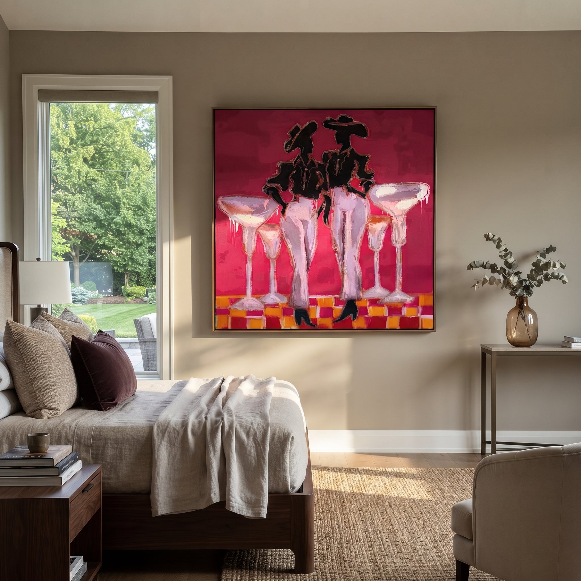 Four Glasses Guard Magenta - martini cowgirl pair painting by Ethan Mercer, contemporary Western square wall art – styled room scene view 1