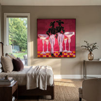 Four Glasses Guard Magenta - martini cowgirl pair painting by Ethan Mercer, contemporary Western square wall art – styled room scene view 1