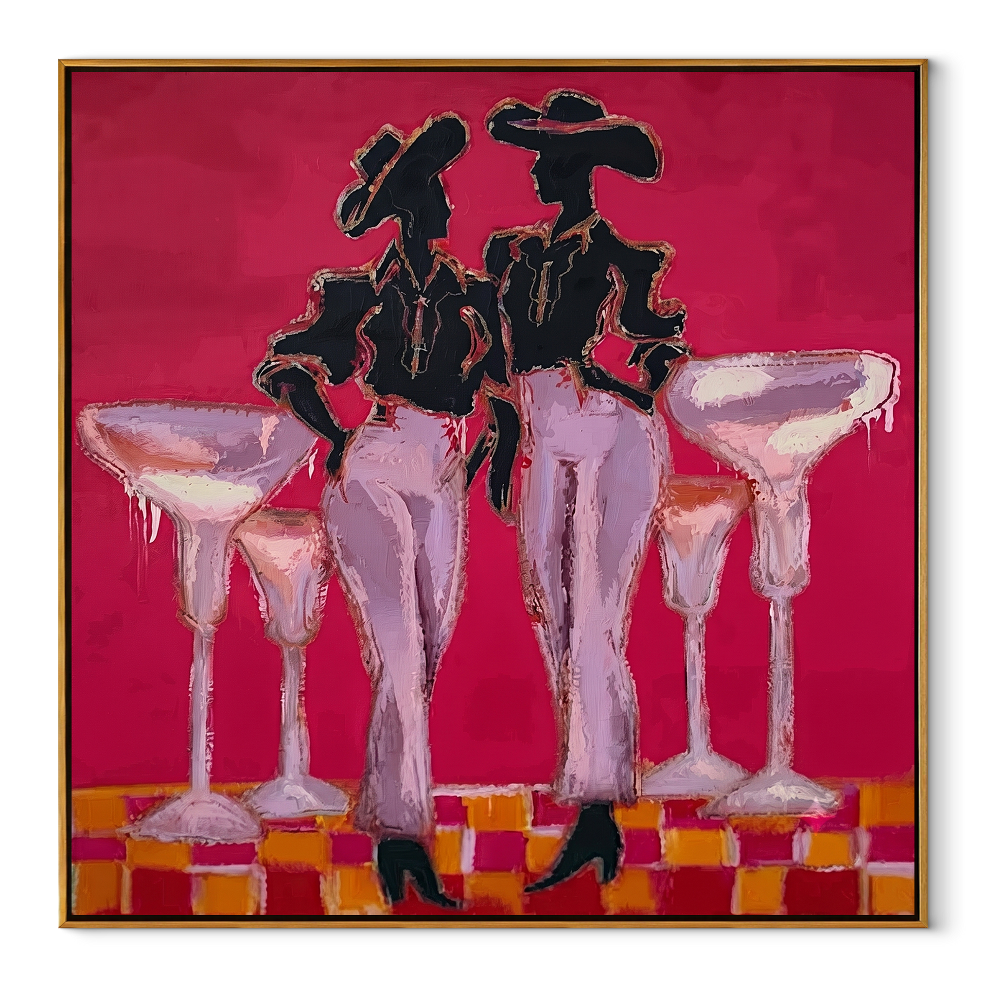 Four Glasses Guard Magenta - martini cowgirl pair painting by Ethan Mercer, contemporary Western square wall art – wood frame on white background