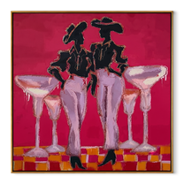 Four Glasses Guard Magenta - martini cowgirl pair painting by Ethan Mercer, contemporary Western square wall art – wood frame on white background