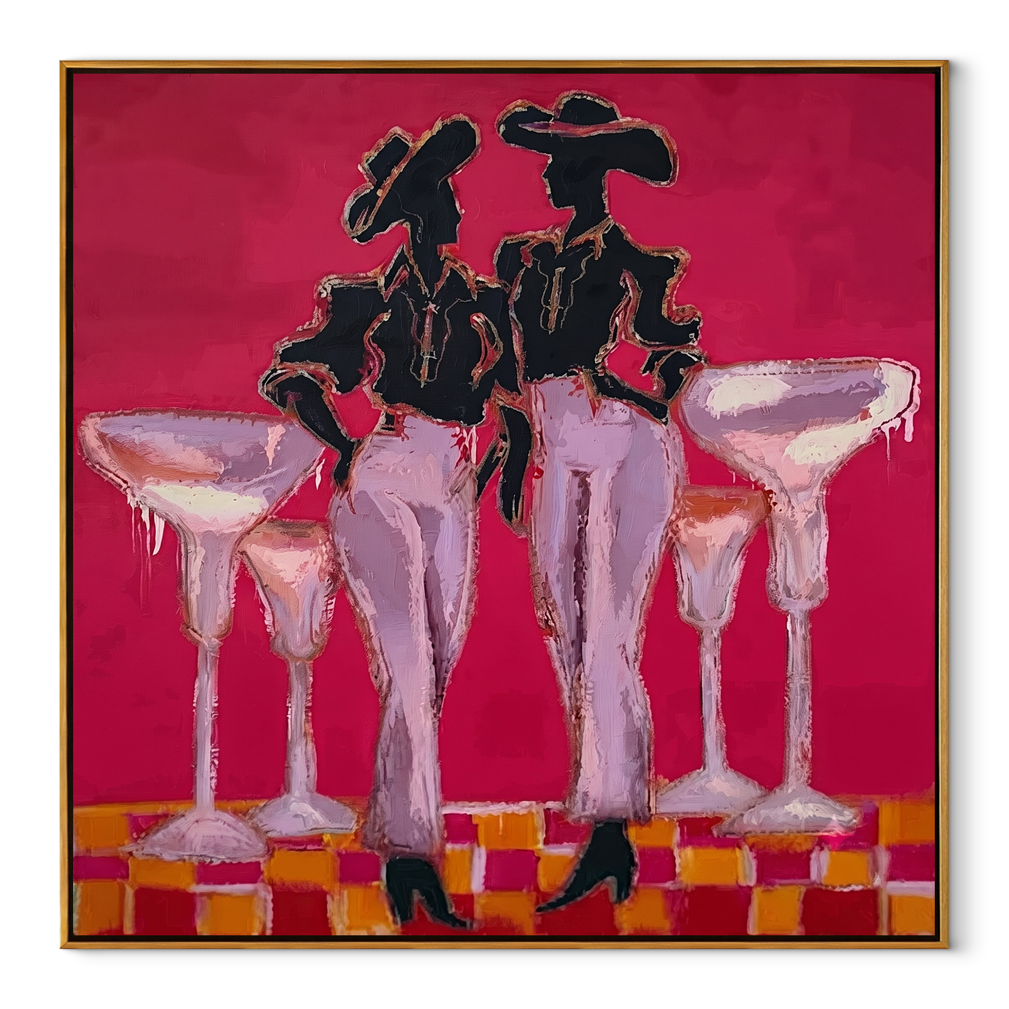 Four Glasses Guard Magenta - martini cowgirl pair painting by Ethan Mercer, contemporary Western square wall art – wood frame on white background