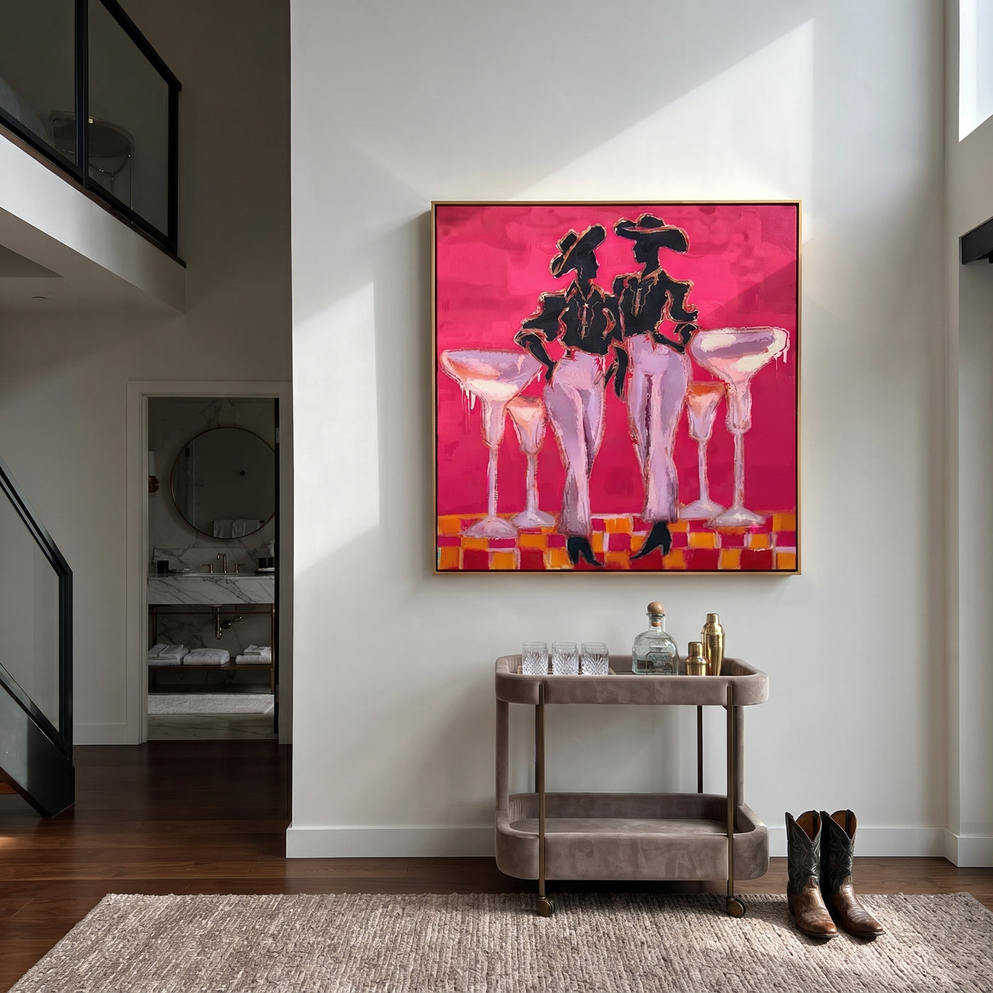 Four Glasses Guard Magenta - martini cowgirl pair painting by Ethan Mercer, contemporary Western square wall art – styled room scene view 2