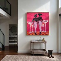 Four Glasses Guard Magenta - martini cowgirl pair painting by Ethan Mercer, contemporary Western square wall art – styled room scene view 2