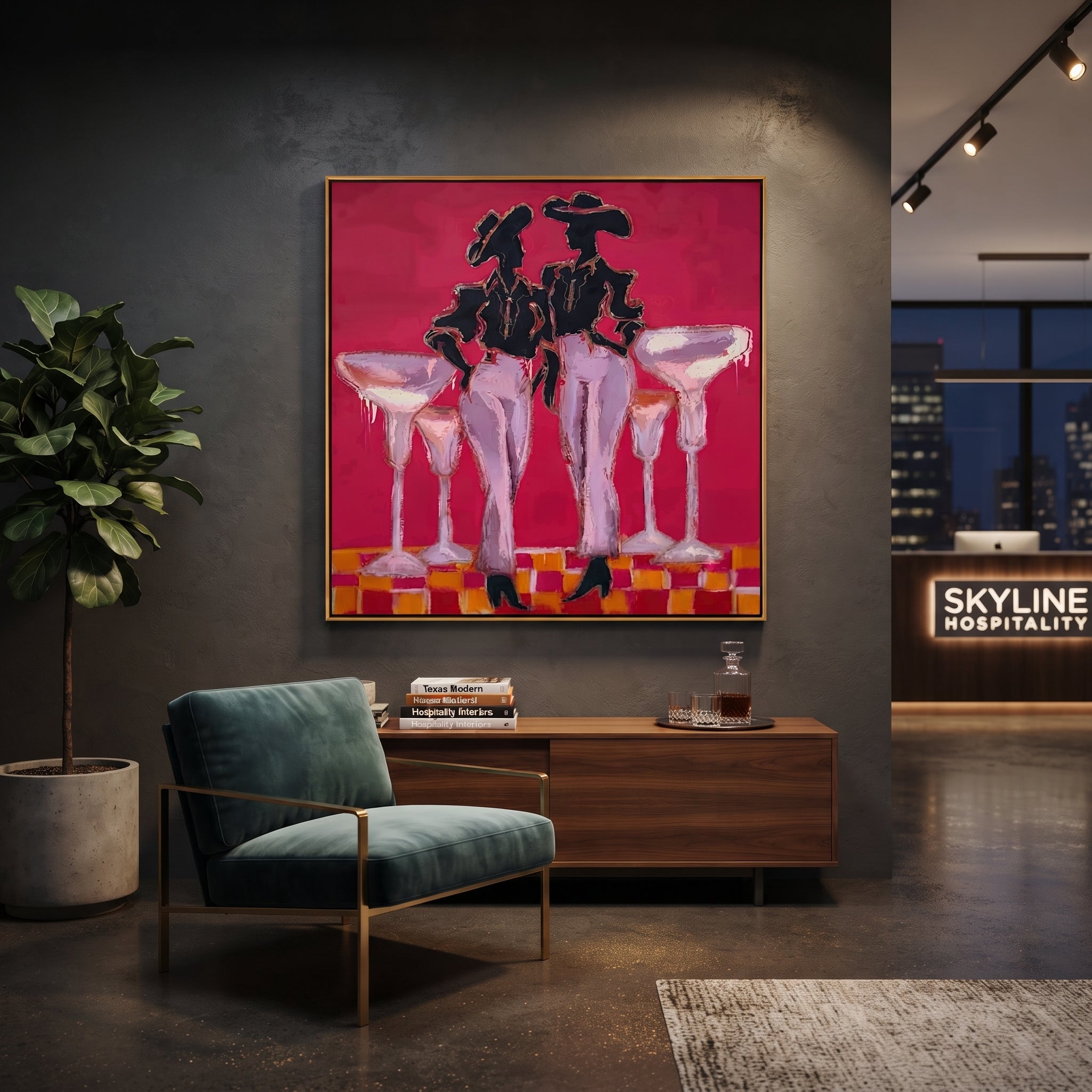 Four Glasses Guard Magenta - martini cowgirl pair painting by Ethan Mercer, contemporary Western square wall art – styled room scene view 3