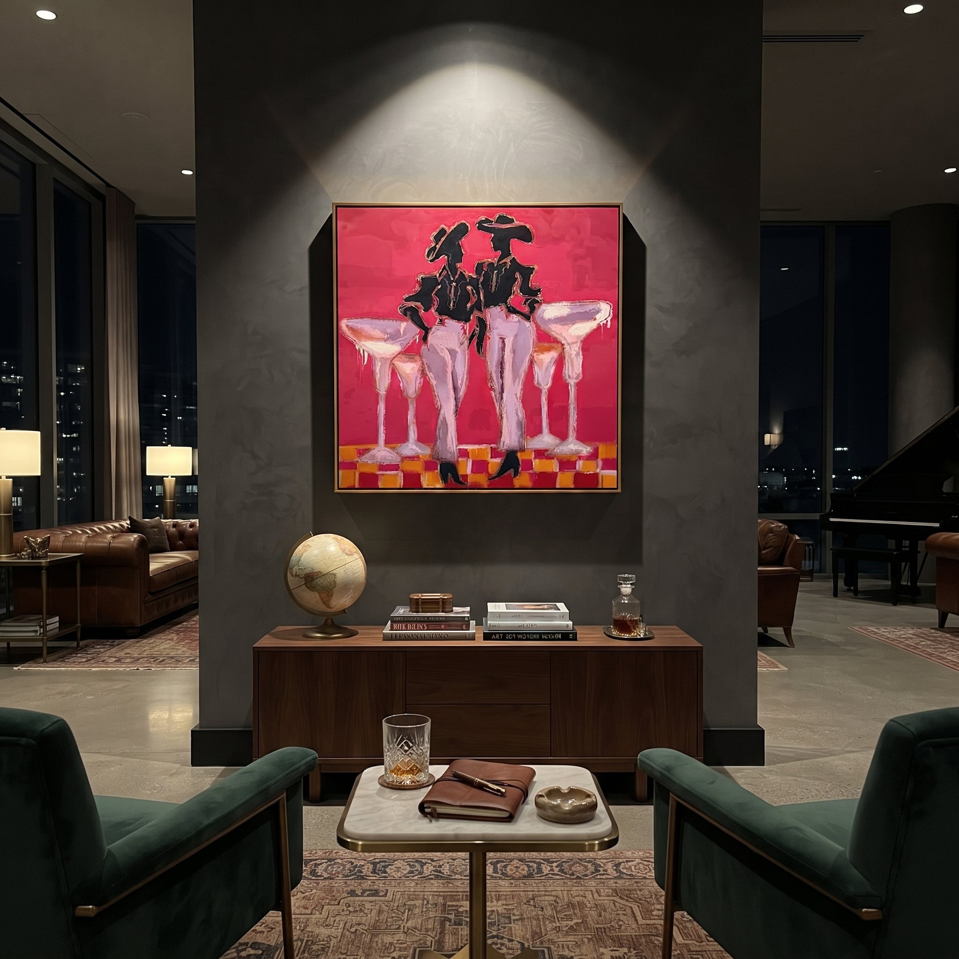 Four Glasses Guard Magenta - martini cowgirl pair painting by Ethan Mercer, contemporary Western square wall art – styled room scene view 4
