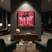 Four Glasses Guard Magenta - martini cowgirl pair painting by Ethan Mercer, contemporary Western square wall art – styled room scene view 4