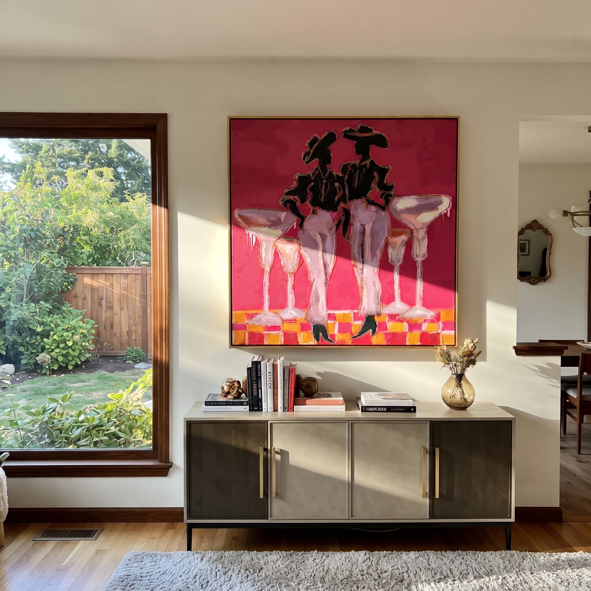 Four Glasses Guard Magenta - martini cowgirl pair painting by Ethan Mercer, contemporary Western square wall art – styled room scene view 5