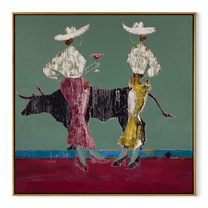 Bull Waits Between Toasts - bull cocktail cowgirl painting by Ethan Mercer, contemporary Western square wall art – wood frame on white background