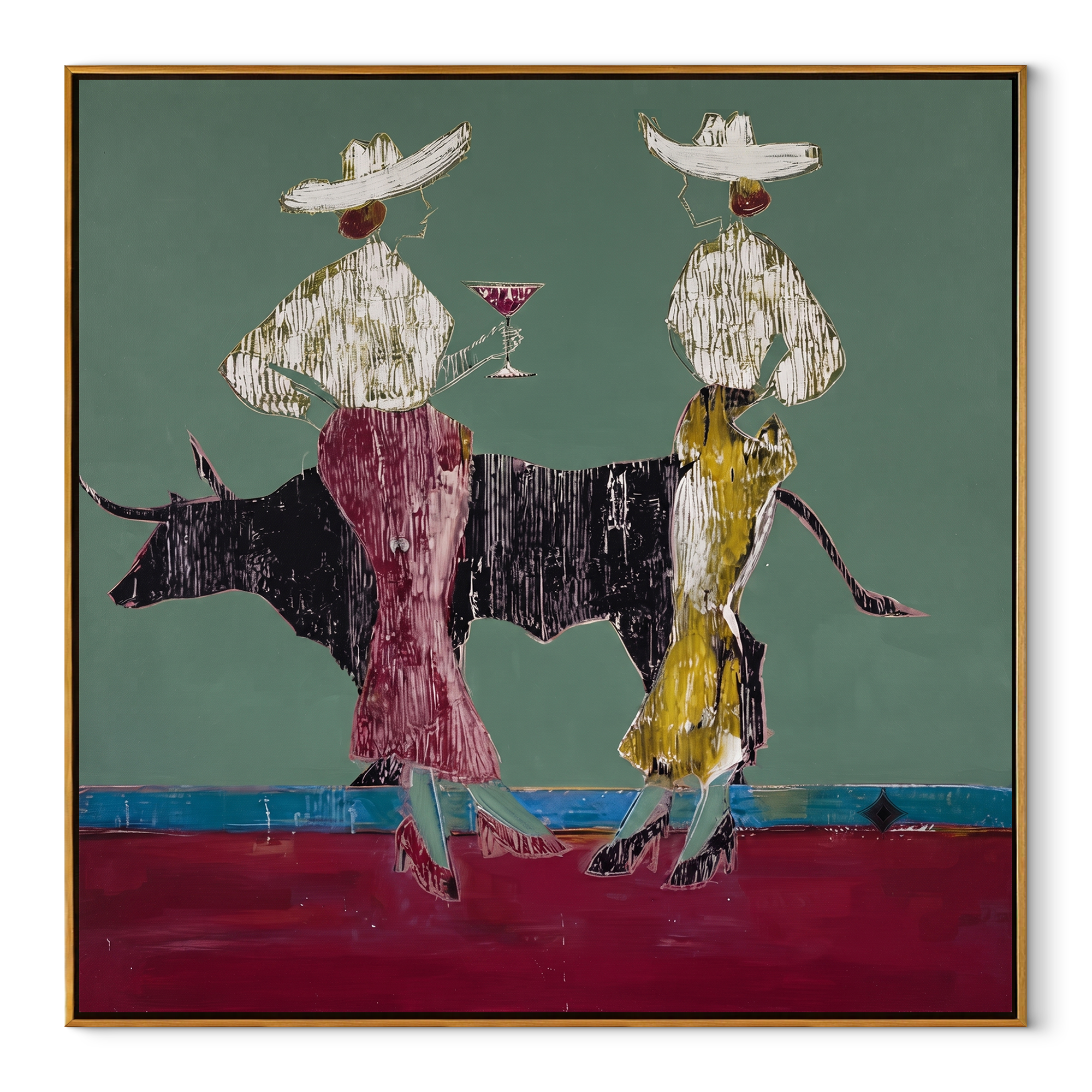 Bull Waits Between Toasts - bull cocktail cowgirl painting by Ethan Mercer, contemporary Western square wall art – wood frame on white background